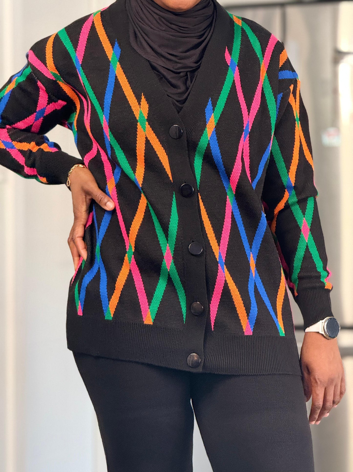 Fly Button cardigan Co Ord Set - Multi colour