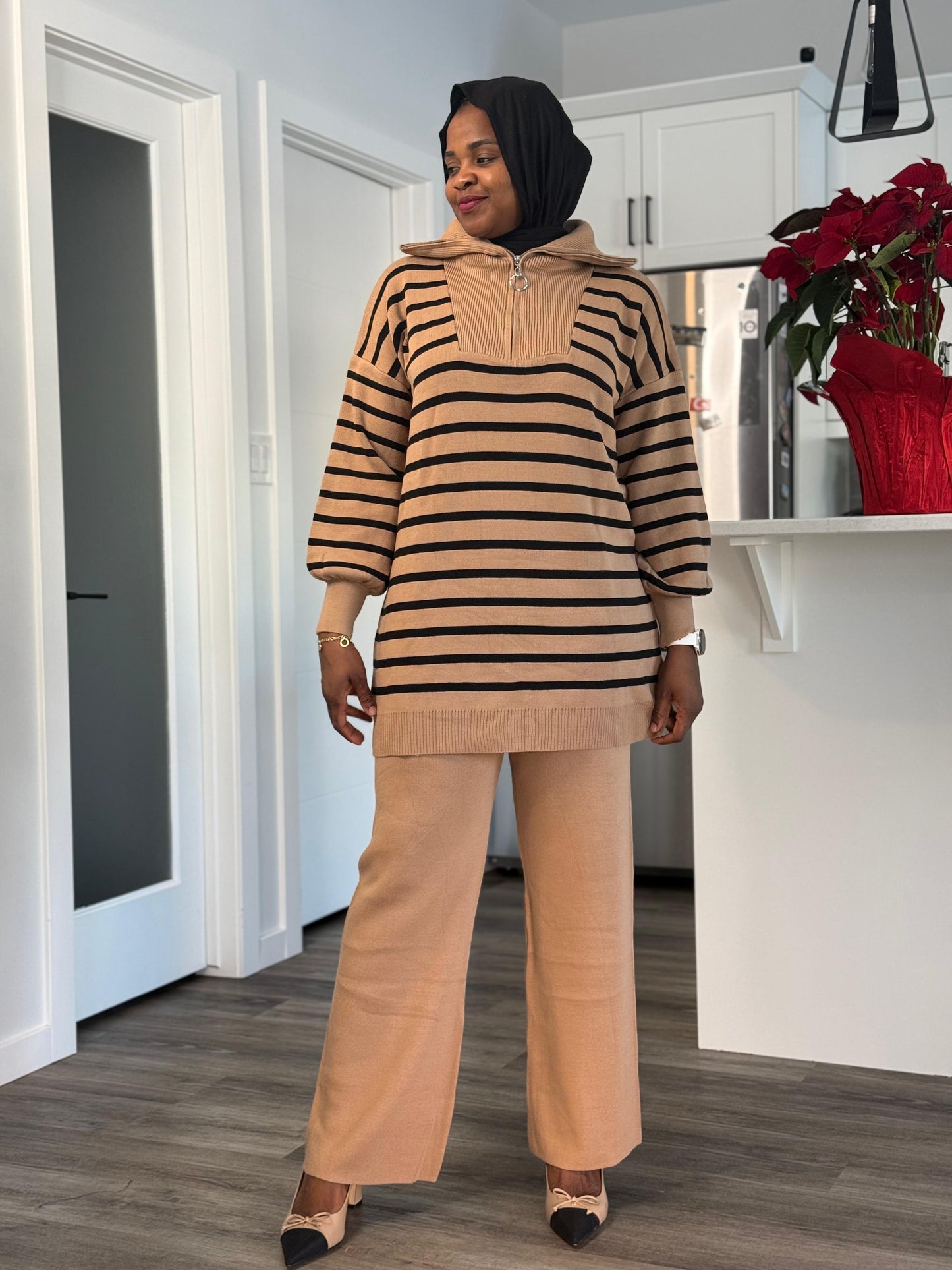 Zipper neck Co Ord Set - Nude