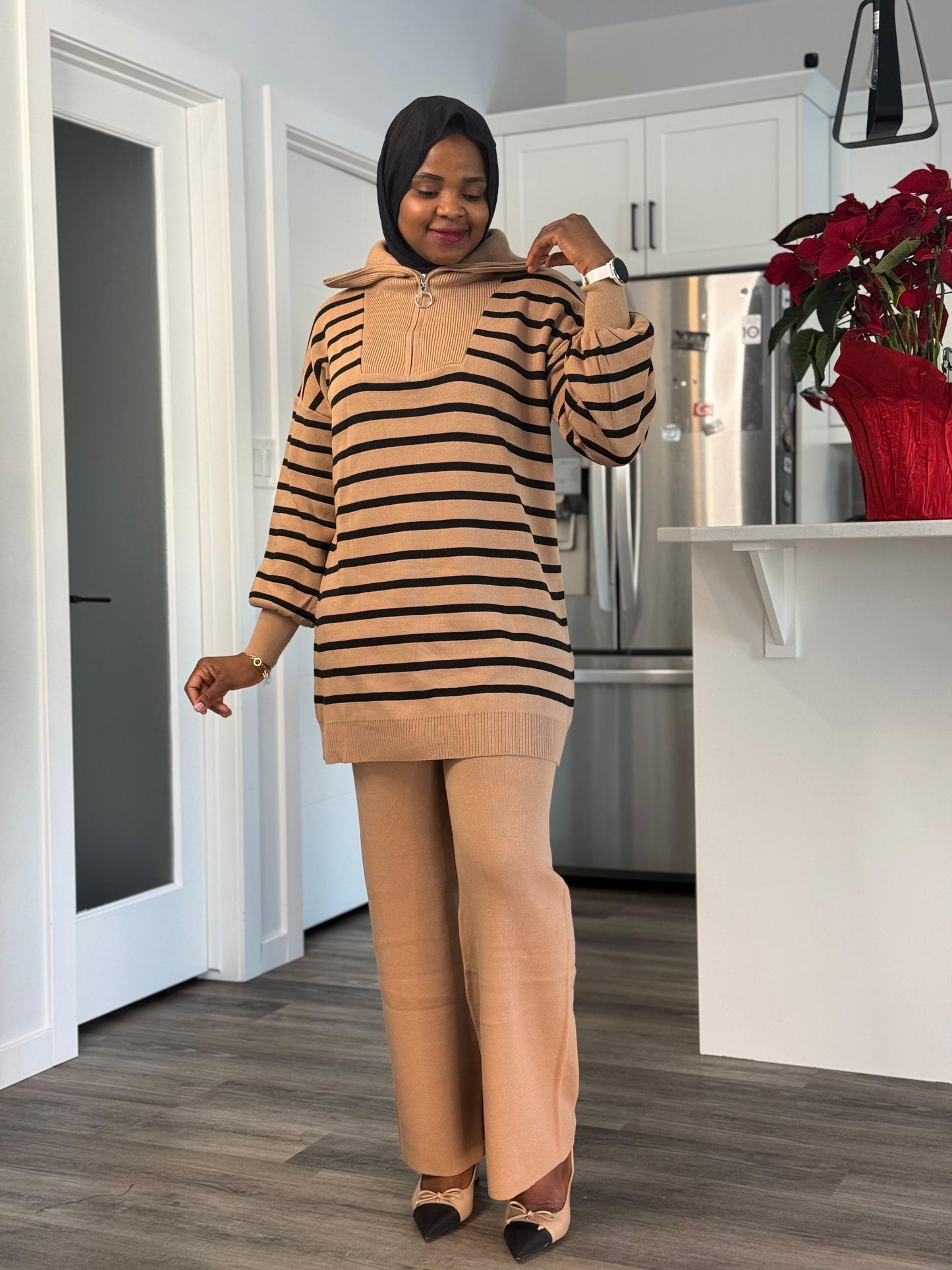 Zipper neck Co Ord Set - Nude